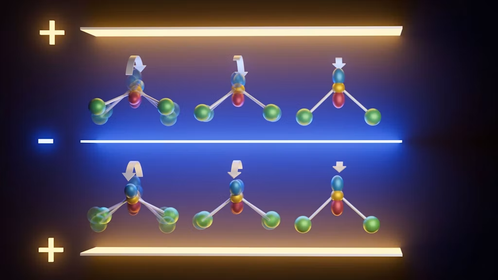Die kollektiven Schwingungen der Atome in einem Kristall werden als Phononen bezeichnet. Bei chiralen Phononen beinhalten diese Schwingungen eine Drehbewegung, wodurch sie einen links- oder rechtsdrehenden Charakter erhalten. Forschenden ist es nun gelungen, diese Chiralität mithilfe eines elektrischen Feldes umzukehren. — © Paul Scherrer Institut PSI/Mahir Dzambegovic und Monika Bletry