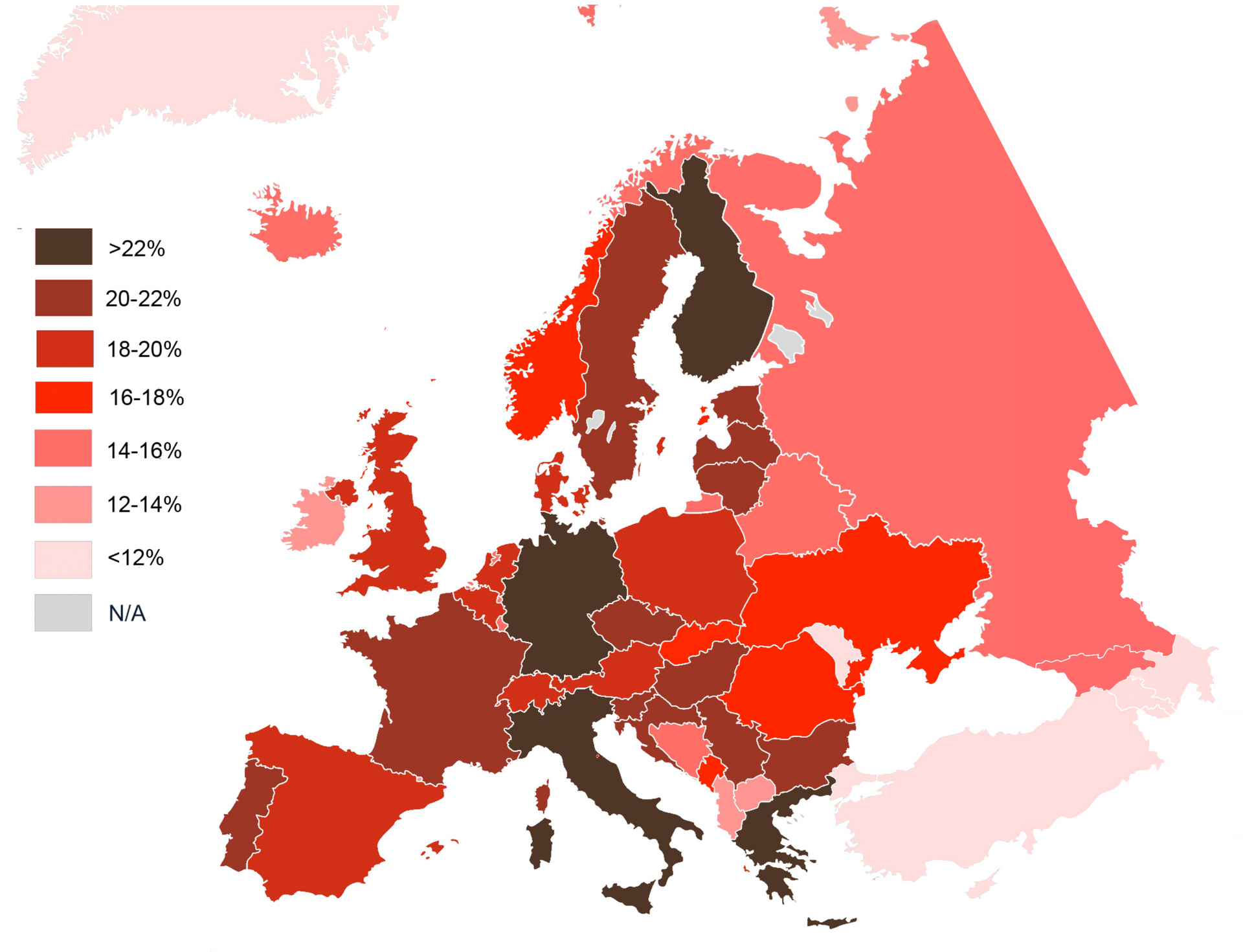 Europa altert: Der Anteil der über 65-Jährigen an der Bevölkerung unterscheidet sich von Land zu Land deutlich. Besonders in Süd- und Teilen Westeuropas ist die Bevölkerung bereits stark gealtert. Quelle: CIA World Factbook; Karte: Wikimedia Commons, „Europe population over 65.png“, Public Domain.